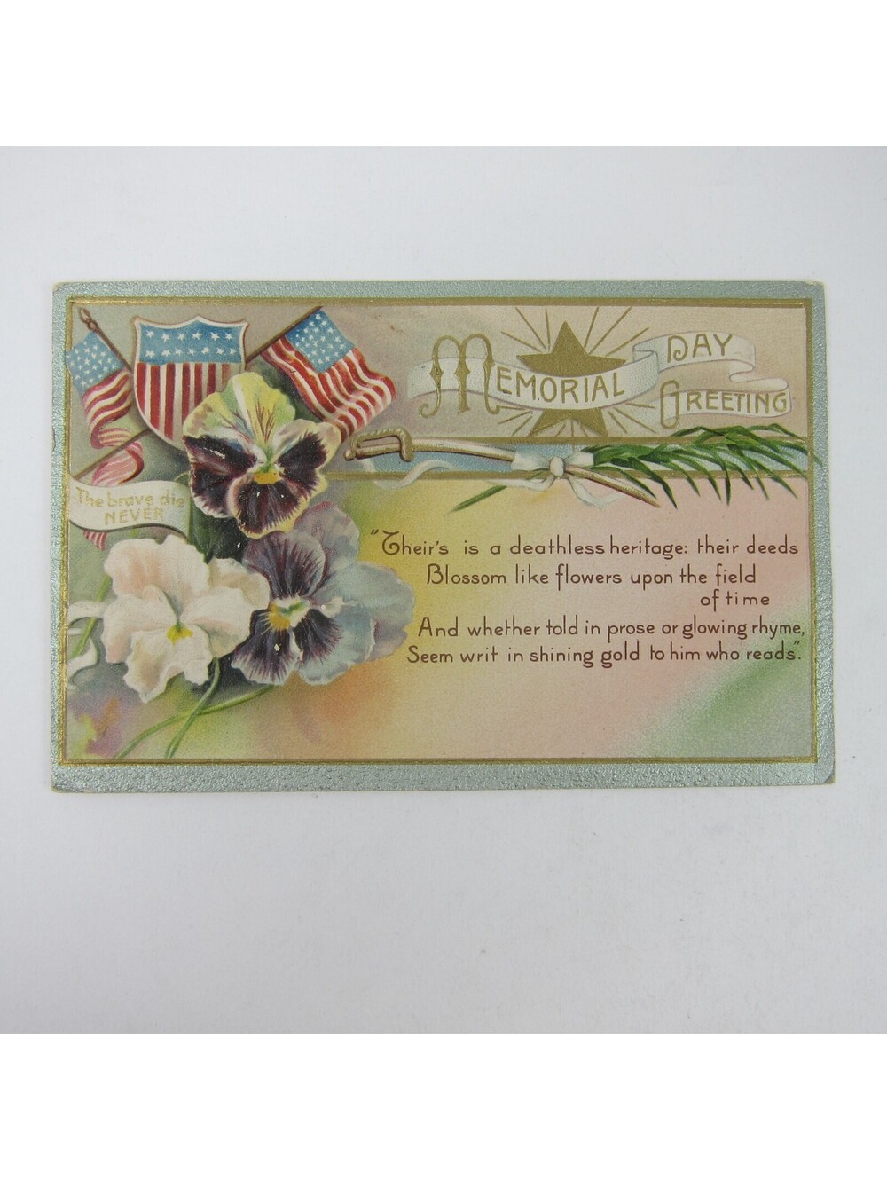 Postcard Memorial Day Flowers & Flags Shield Patriotic Embossed Antique 1909